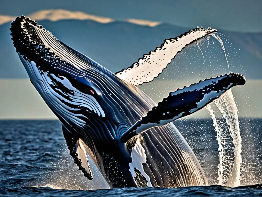 Una majestuosa ballena jorobada salta en el océano, mostrando su inteligencia y poder