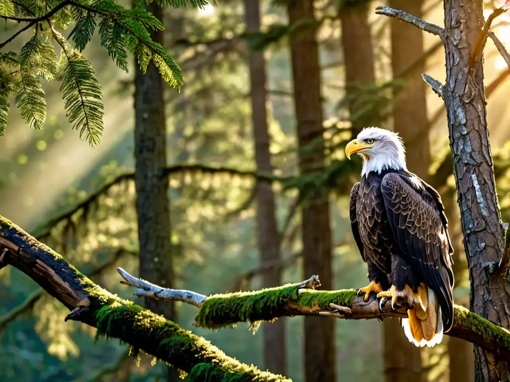 Un águila calva majestuosa, con ojos penetrantes y plumaje detallado, se posa en una rama