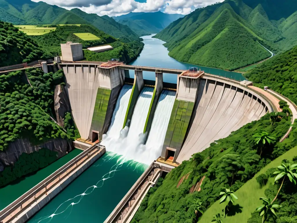 Una majestuosa presa hidroeléctrica en un paisaje latinoamericano exuberante, destacando regulaciones hidroeléctricas y el impacto ambiental