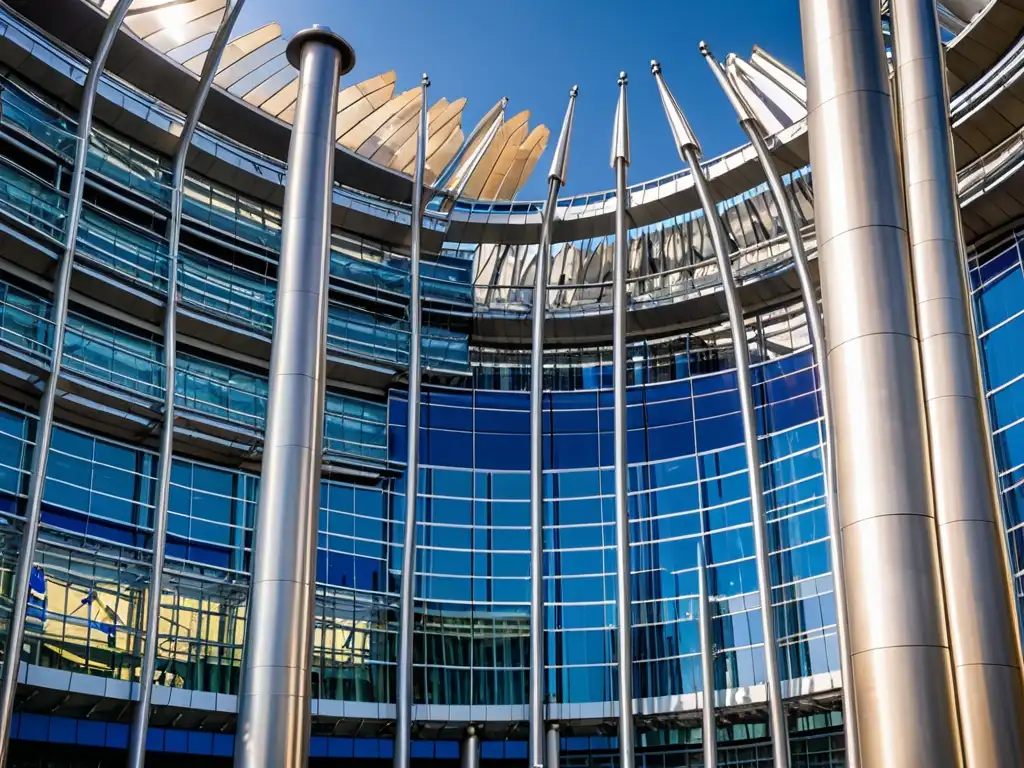 La majestuosa sede del Parlamento Europeo en Bruselas, Bélgica, bajo cielos azules y el sol iluminando los detalles arquitectónicos