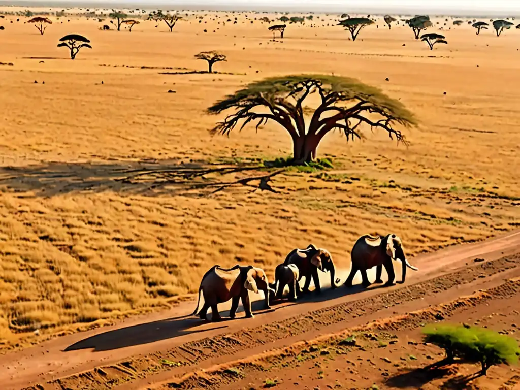 Una majestuosa vista aérea de la extensa sabana africana, con elefantes recorriendo las llanuras doradas y aldeanos cuidando sus cultivos