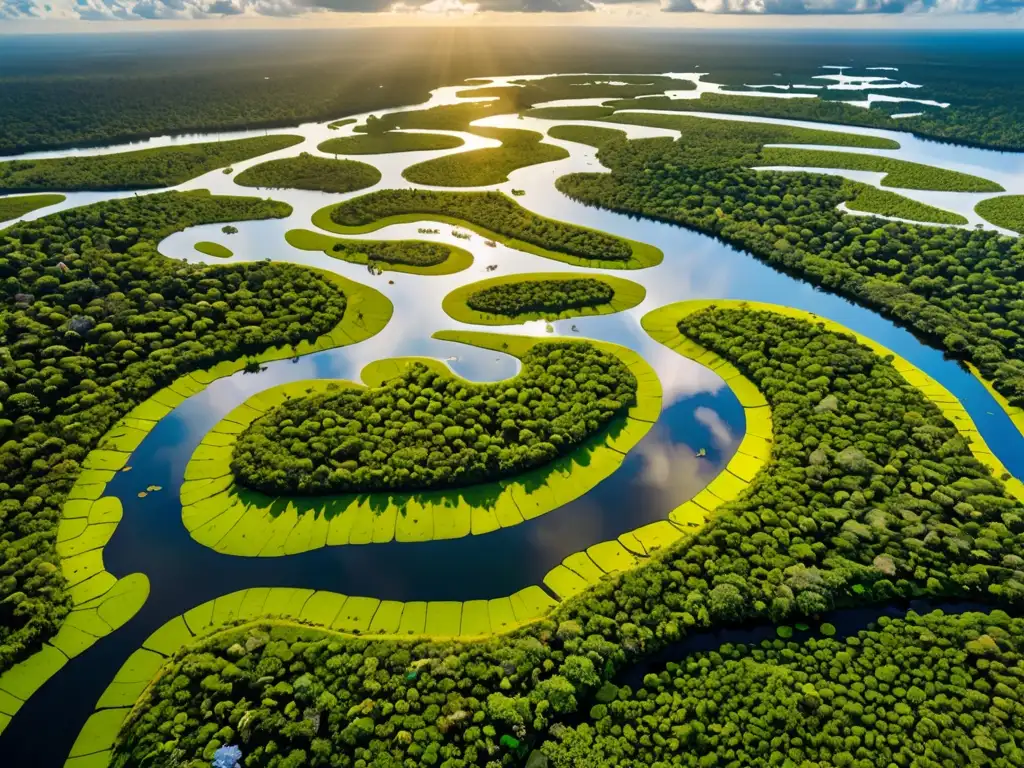 Una majestuosa vista aérea de un exuberante humedal en el corazón de la selva amazónica