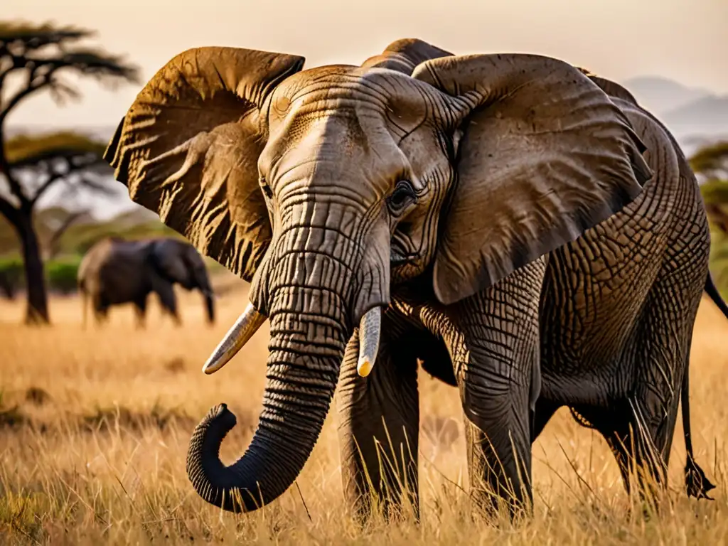 Elefante africano en la sabana al atardecer Una majestuosa y vulnerable elefanta africana en la sabana, con oídos grandes y arrugas que muestran sabiduría