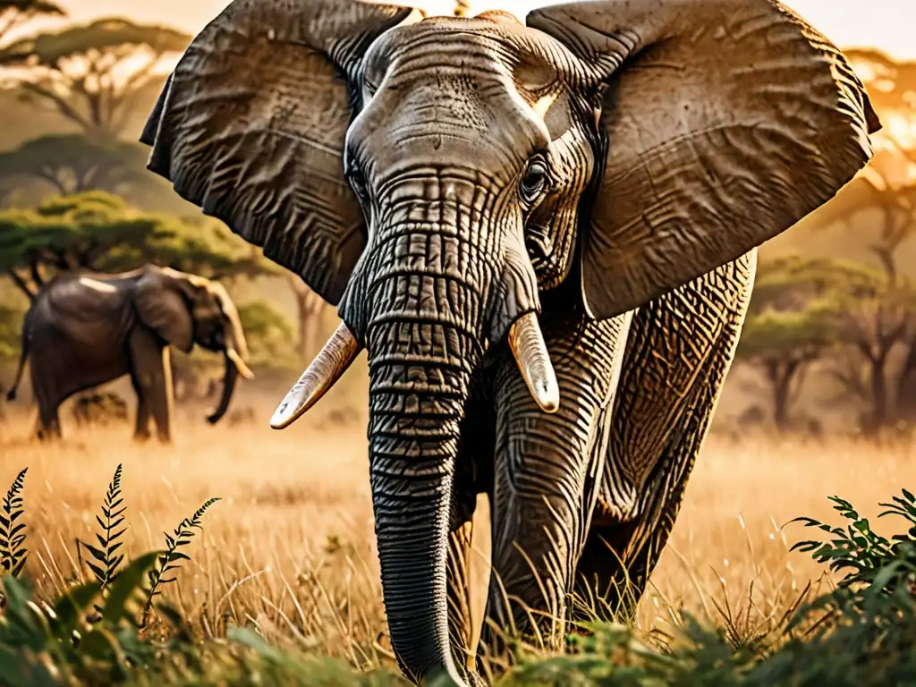 Majestuoso elefante africano en la sabana al atardecer, resaltando la belleza de las especies amenazadas por el tráfico ilegal