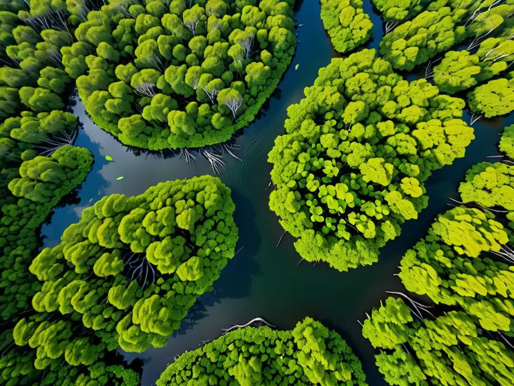 Majestuoso bosque de manglares con intrincadas raíces y exuberante vegetación, reflejando la biodiversidad y belleza natural