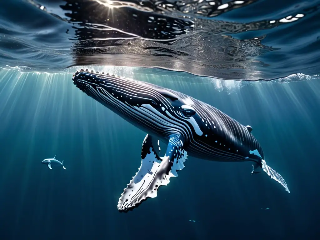 Un majestuoso y detallado 8k de una ballena jorobada nadando graciosamente en aguas cristalinas, con la luz del sol filtrándose a través del océano, creando un patrón hipnótico en su piel