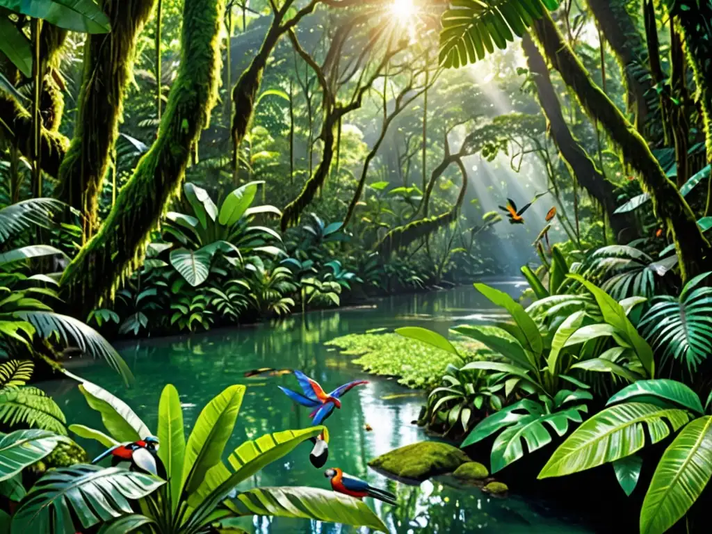 Un majestuoso dosel de selva tropical con aves tropicales y un arroyo cristalino