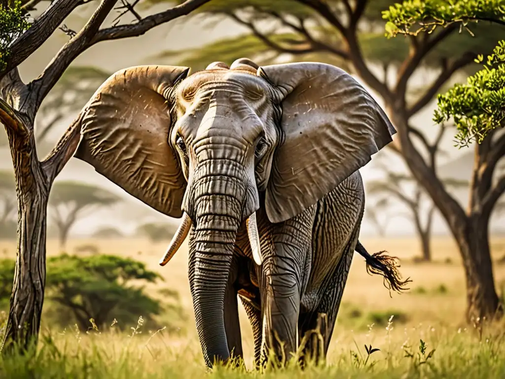 Un majestuoso elefante en la sabana, con su trompa en alto y orejas ondeando