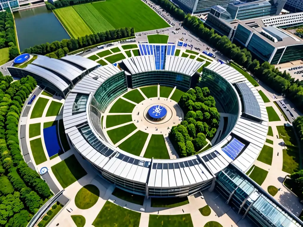 El majestuoso Parlamento Europeo en Bruselas, rodeado de exuberante vegetación bajo un cielo azul