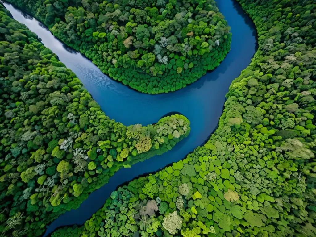 Un majestuoso paisaje de selva tropical, con un río poderoso serpenteando entre la exuberante vegetación, muestra el impacto global de las leyes ambientales en la preservación de la naturaleza