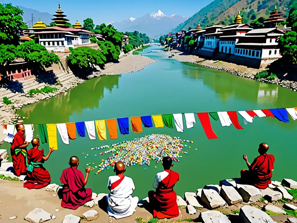 El majestuoso río Bagmati en Nepal, con la imponente cordillera del Himalaya al fondo, orillas verdes y monjes realizando un ritual ceremonial