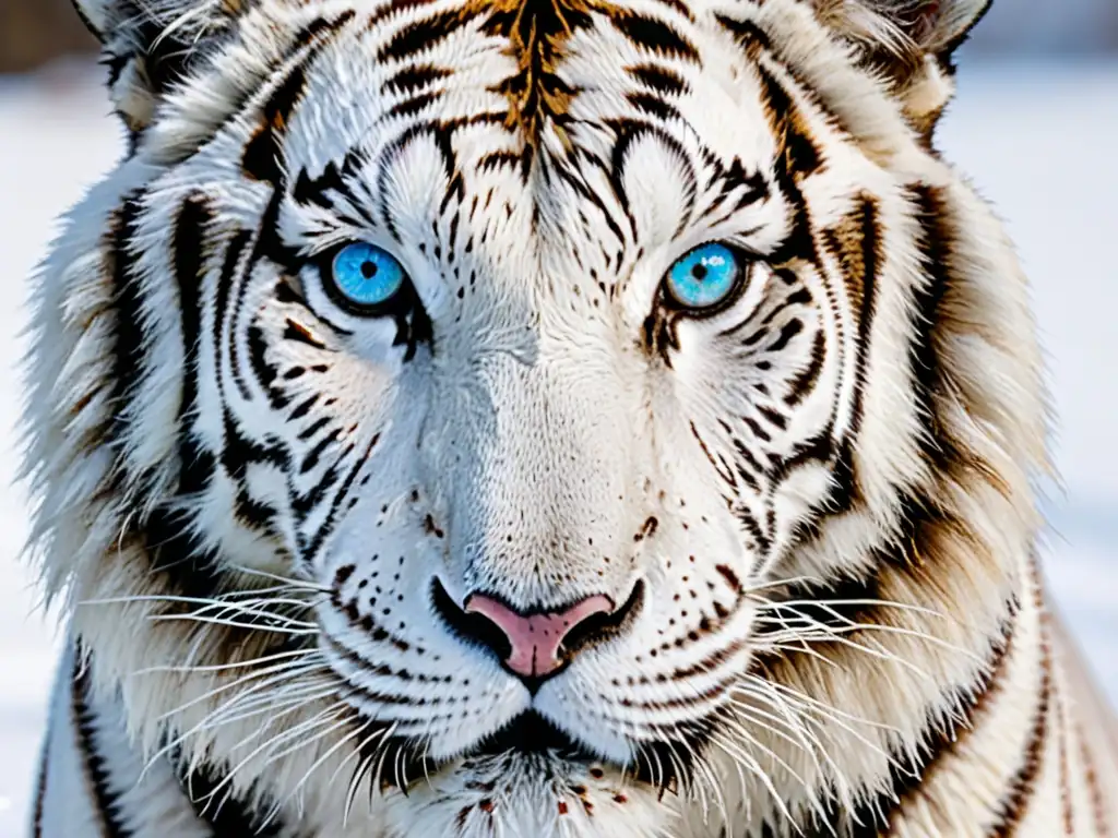 Un majestuoso tigre siberiano blanco en su hábitat natural, con una mirada intensa y vulnerable