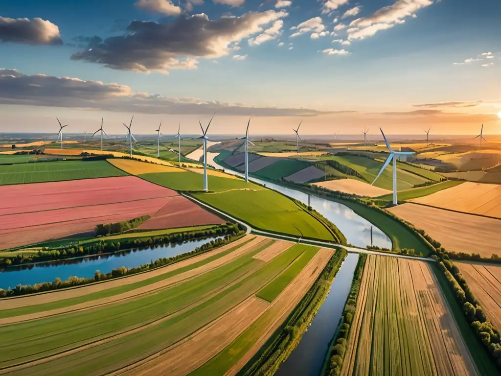 Majestuosos molinos de viento en el campo europeo al atardecer, reflejando la legislación de transición energética en Europa