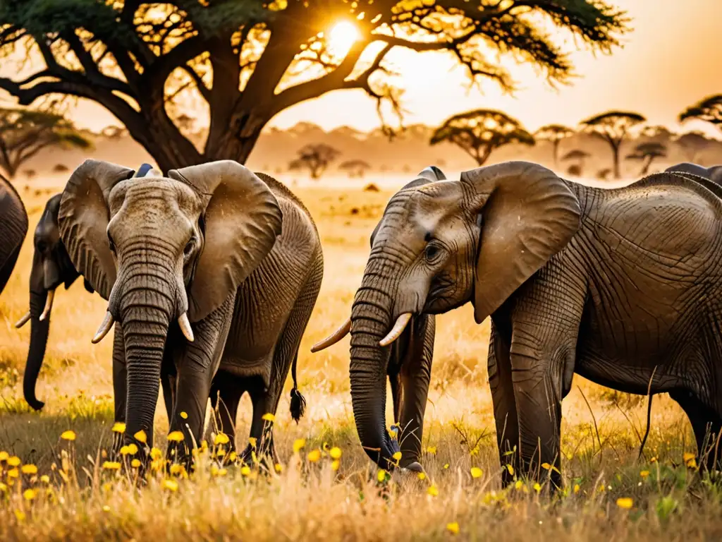 Manada de elefantes africanos pastando pacíficamente en su hábitat natural, bañados por la cálida luz dorada del atardecer