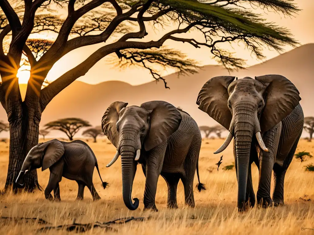 Manada de elefantes africanos en la sabana al atardecer, resaltando la majestuosidad y belleza de la naturaleza en los parques nacionales de África