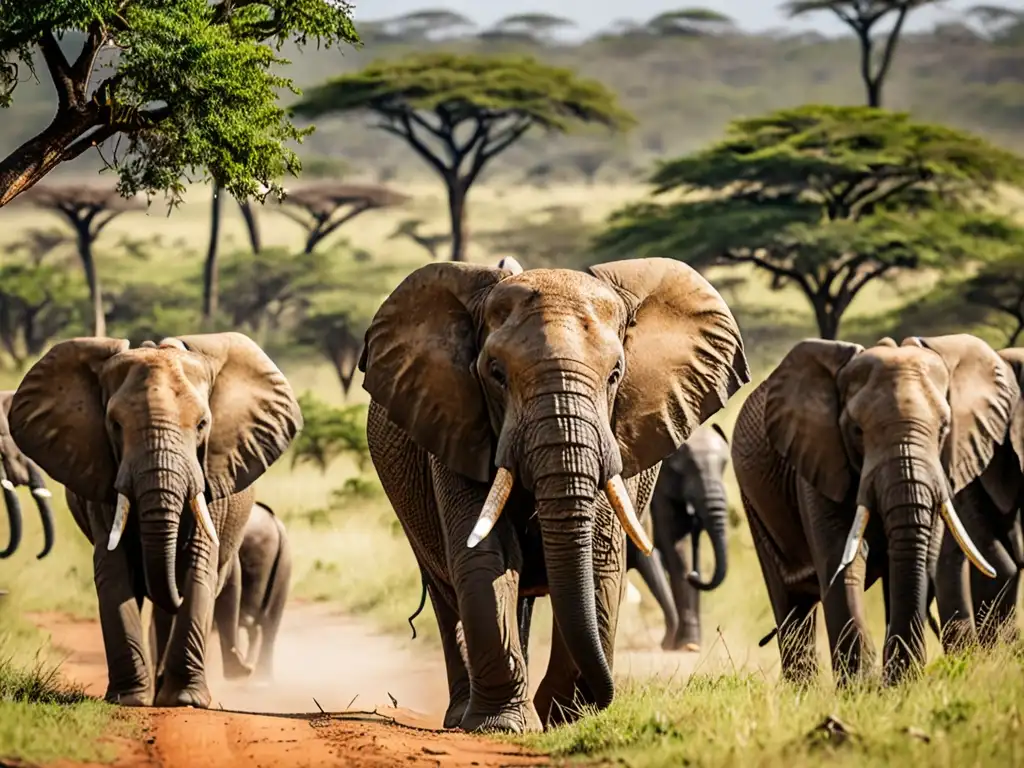 Manada de elefantes africanos en la sabana, liderados por un imponente ejemplar