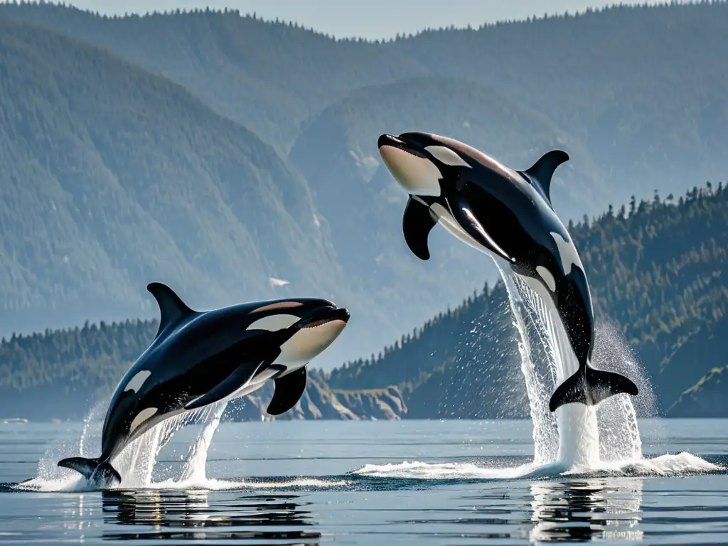 Una manada de elegantes orcas se desliza graciosamente en aguas cristalinas y soleadas, con sus distintivas marcas blancas y negras brillando a la luz