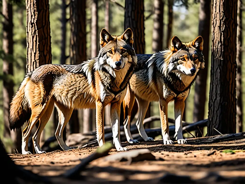 Manada de lobos ibéricos en bosque denso, desafío leyes caza protección especies, luchando por sobrevivir entre humanos