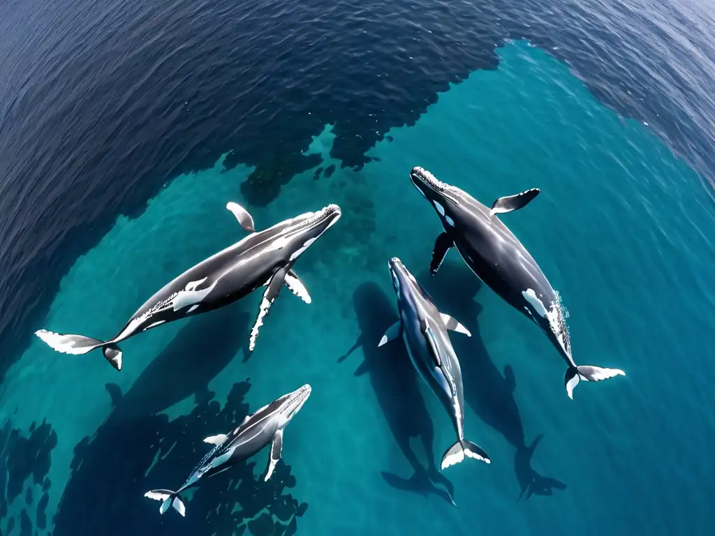 Manada majestuosa de ballenas jorobadas nadando en aguas turquesas