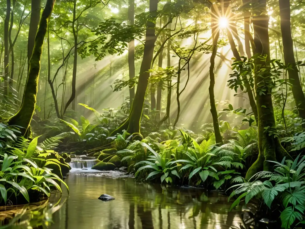 Mañana brumosa en un bosque verde exuberante, con luz dorada filtrándose entre las frondosas hojas cubiertas de rocío