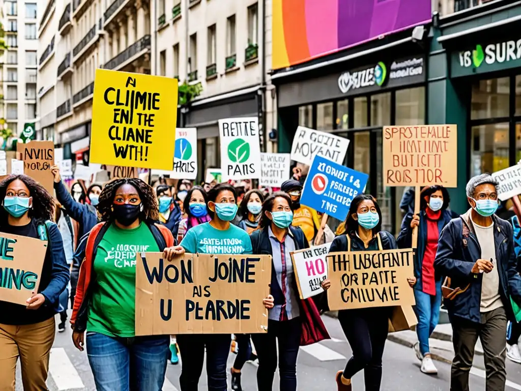 Manifestación diversa por el compromiso climático Acuerdo de París, con pancartas y megáfonos en una vibrante escena urbana