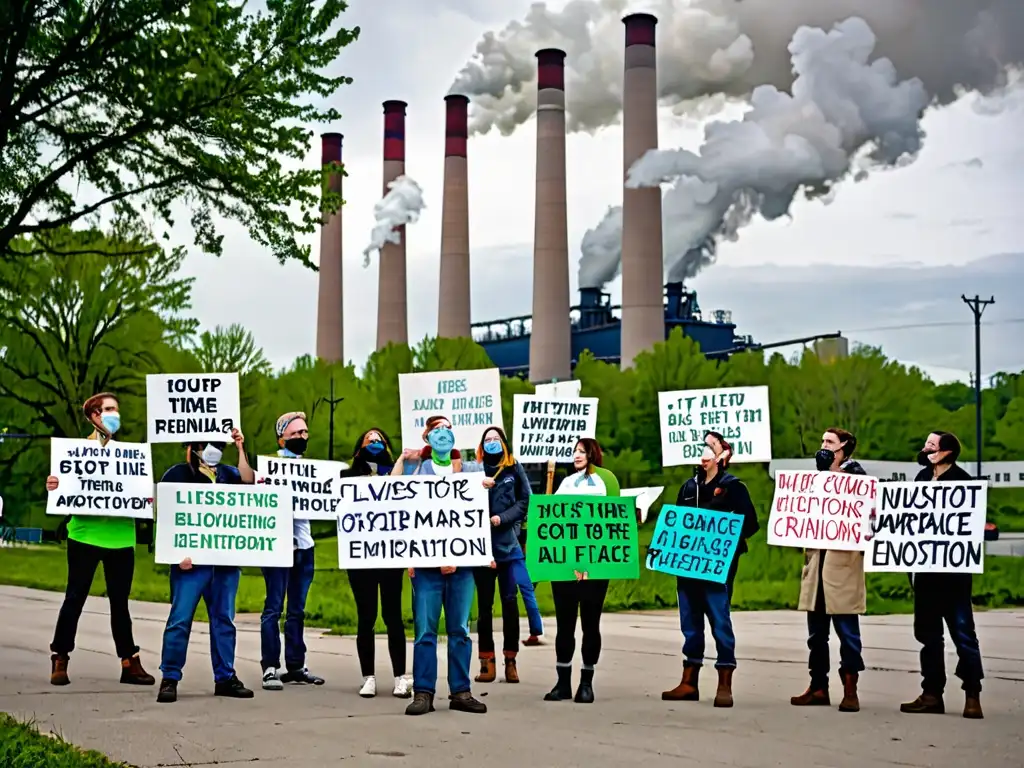 Manifestantes luchando por el medio ambiente frente a una fábrica contaminante