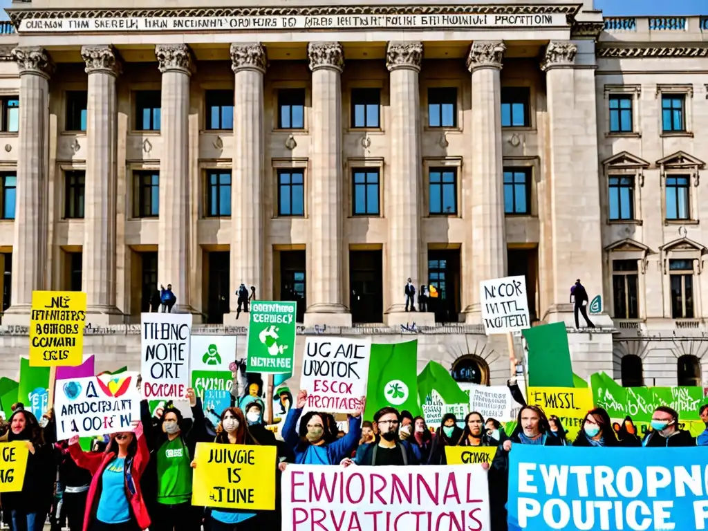 Manifestantes con pancartas por el impacto ambiental del Acuerdo RCEP frente a un edificio gubernamental