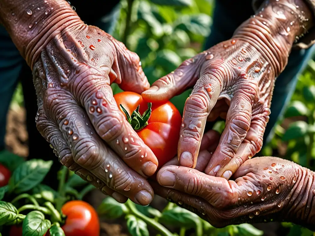 Manos del agricultor cuidadosas sosteniendo un tomate rojo vibrante con gotas de rocío, simbolizando la seguridad alimentaria y soberanía