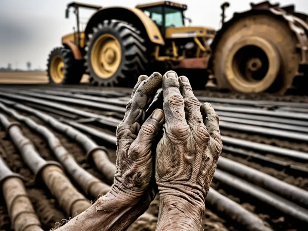 Manos laboriosas frente a maquinaria industrial, mostrando el impacto agroindustria derechos humanos en una imagen impactante