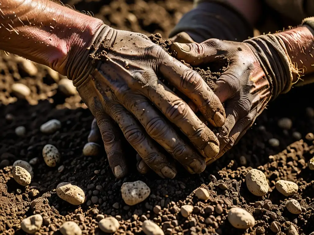 Manos del trabajador agrícola con tierra y cultivos al fondo, destacando el impacto agroindustria derechos humanos en la labor diaria