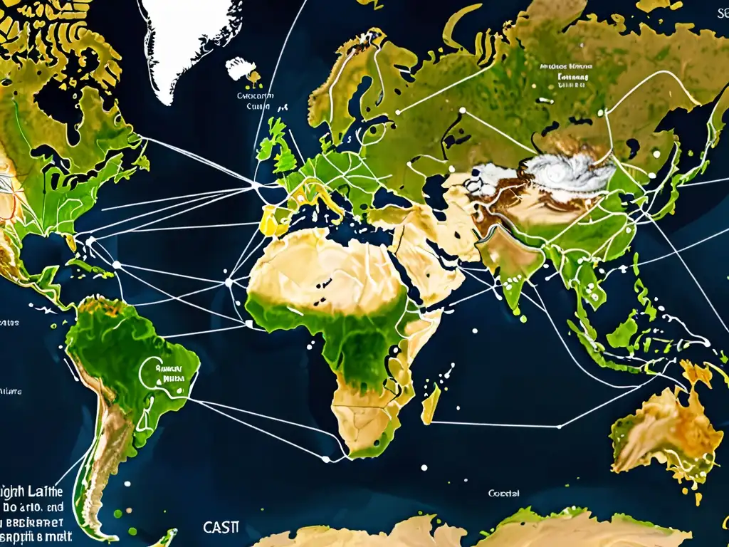 Mapa detallado de rutas marítimas resaltando el impacto global del Convenio MARPOL en la regulación de la contaminación de buques