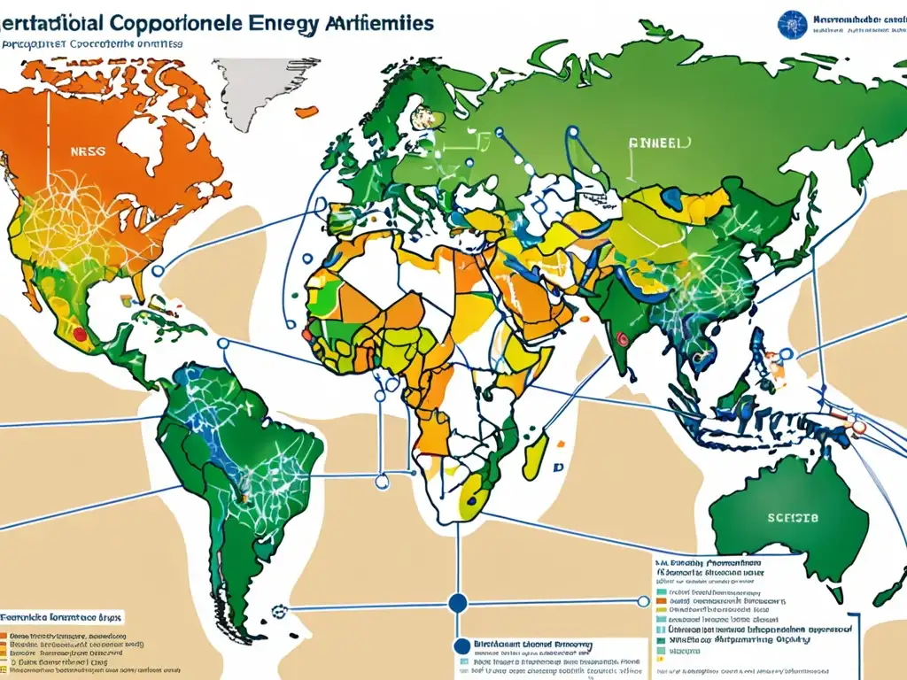 Un mapa mundial destaca acuerdos de cooperación en energía renovable, mostrando redes interconectadas entre países