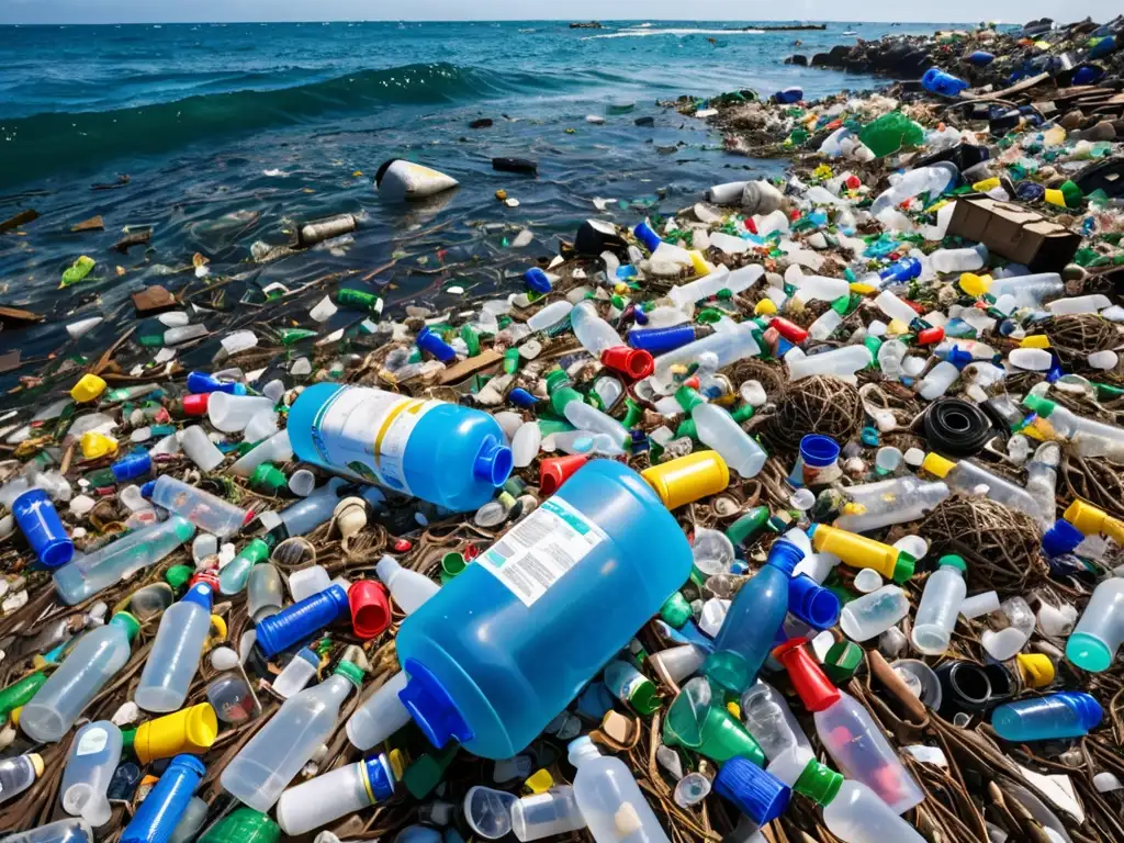 Un mar de aguas cristalinas contrasta con la impactante acumulación de desechos plásticos flotando en la superficie