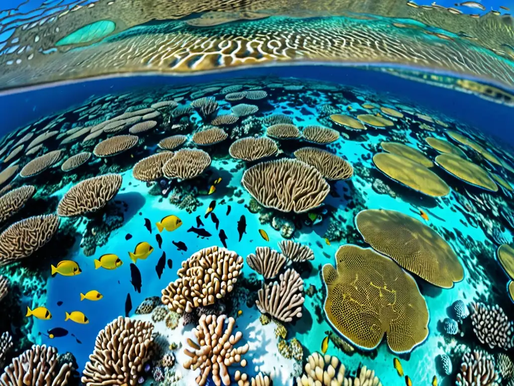 Maravilloso arrecife de coral, con diversa vida marina y colores vibrantes, resaltando la importancia de la conservación marina y el Derecho del Mar