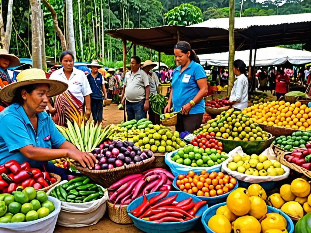 Mercado animado en la selva amazónica con comercio sostenible y legislación internacional sobre biocomercio sostenible