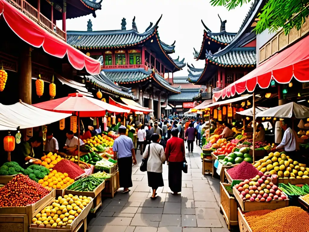 Mercado asiático bullicioso con frutas y verduras exóticas, arquitectura tradicional y vida callejera vibrante