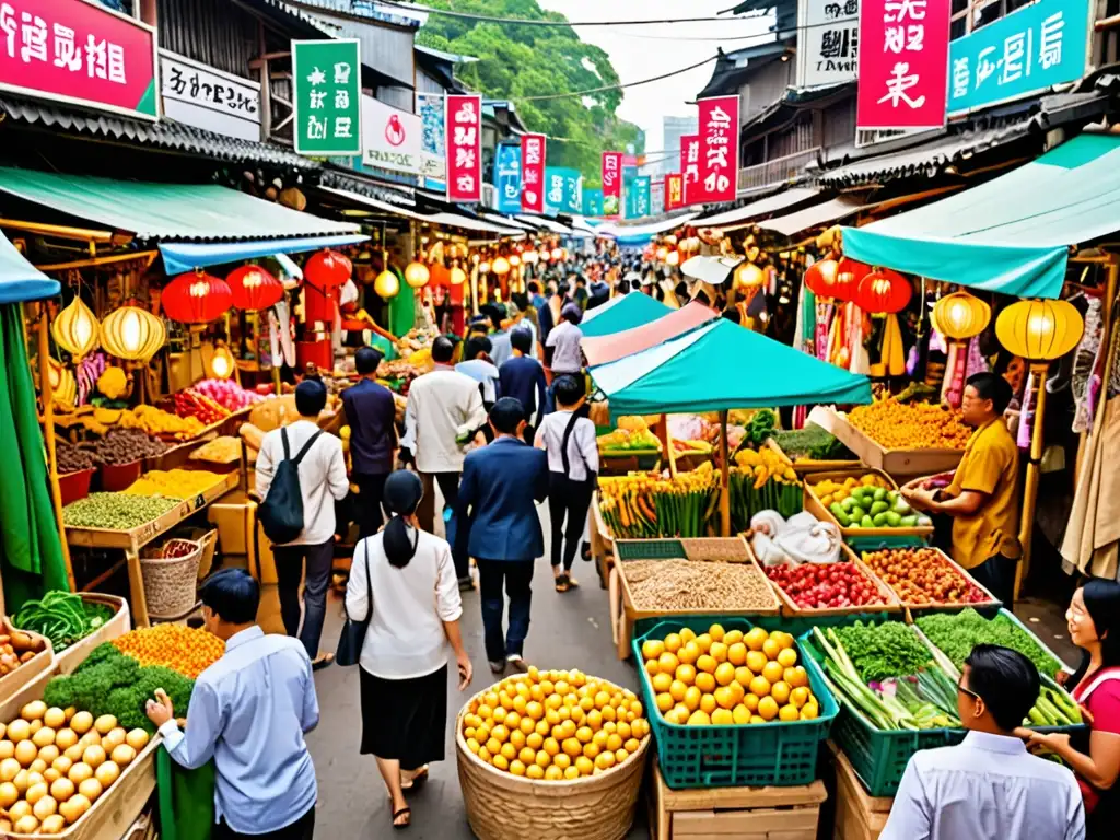 Mercado bullicioso en una ciudad asiática, muestra la diversidad y energía de la economía circular, con productos locales y prácticas sostenibles