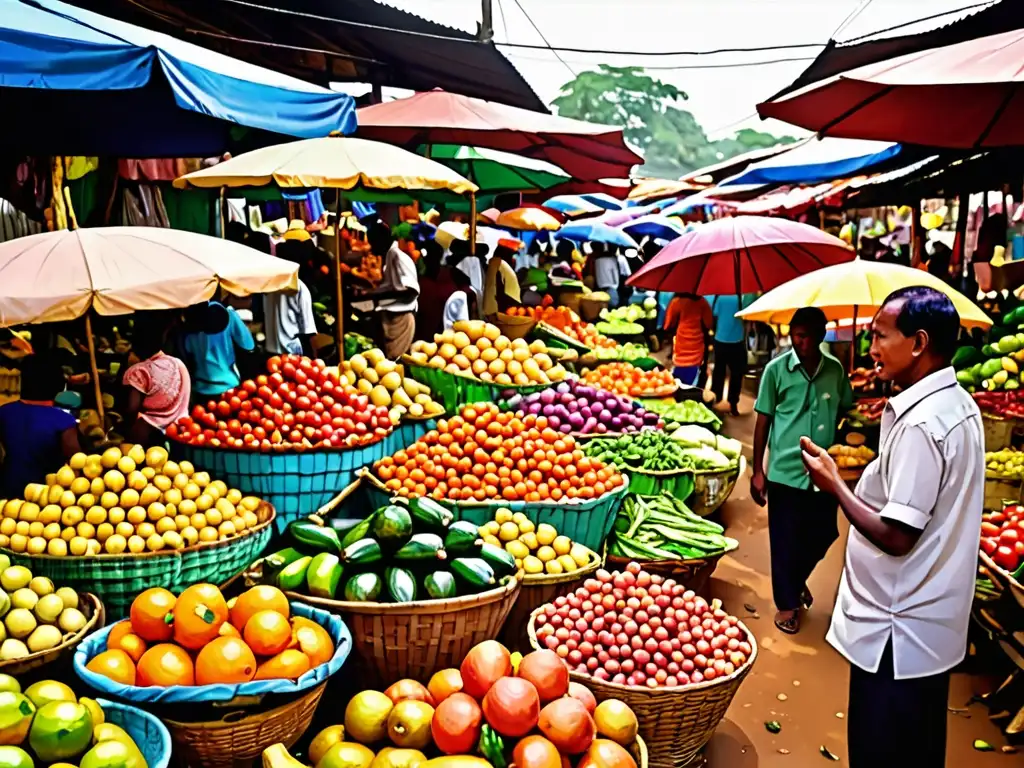 Mercado bullicioso en un país en desarrollo, con vendedores ofreciendo frutas y verduras coloridas y locales bajo coloridos paraguas