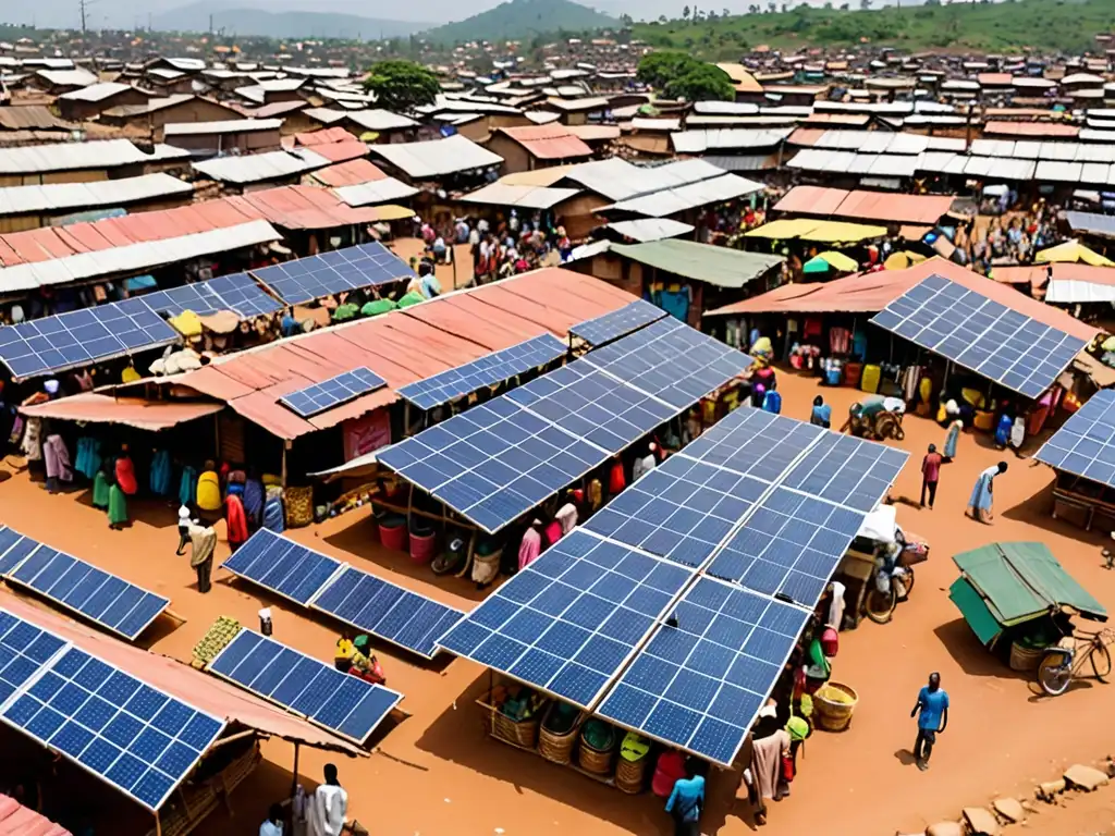 Un mercado bullicioso en un país en desarrollo con paneles solares en los techos de puestos improvisados y vendedores locales