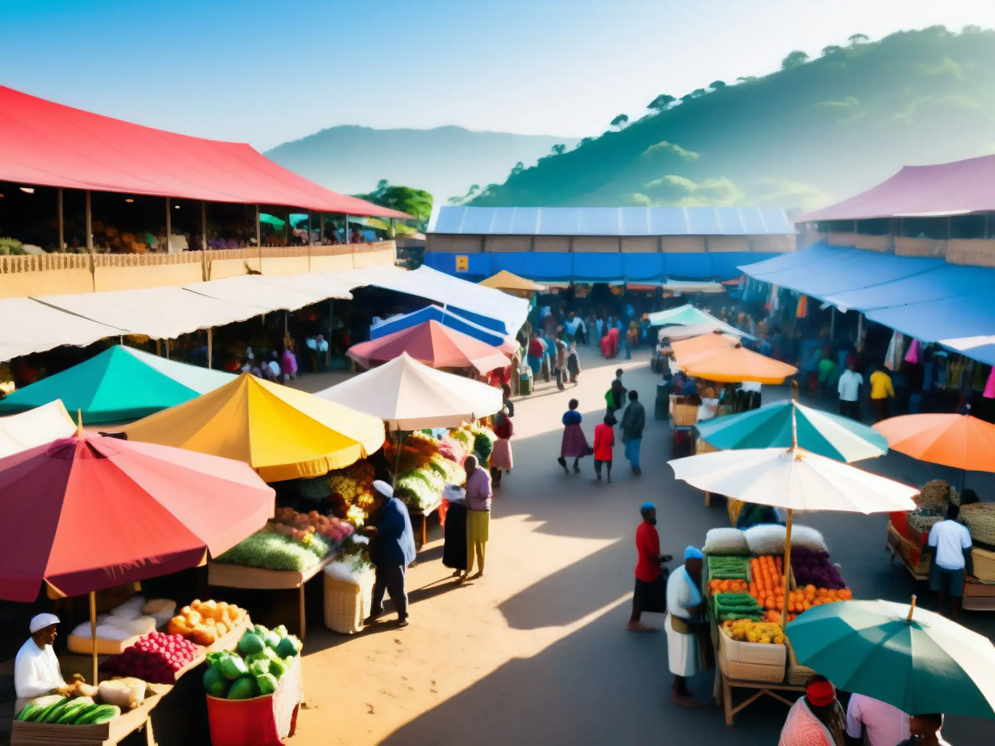 Un mercado bullicioso en un país en desarrollo, con vendedores ofreciendo productos locales y artesanías bajo coloridos paraguas