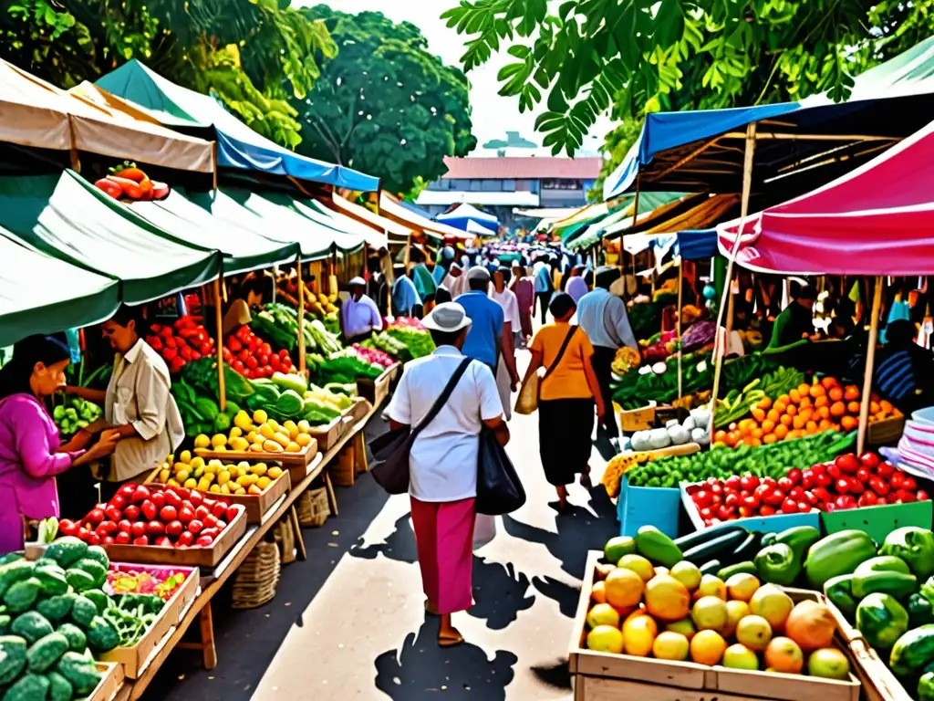 Un mercado bullicioso con productos ecológicos, frutas, artesanías y bienes sostenibles