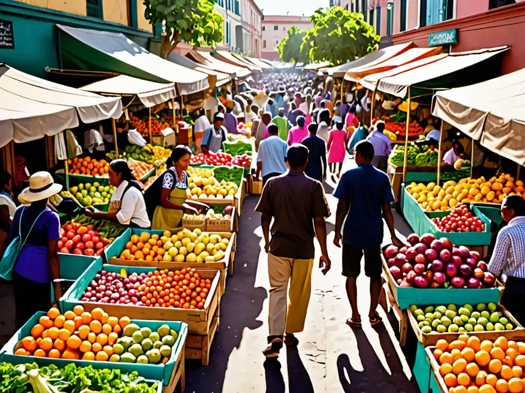 Un mercado bullicioso y sostenible, con frutas y verduras coloridas, comerciantes y clientes, resaltando el comercio sostenible y el medio ambiente