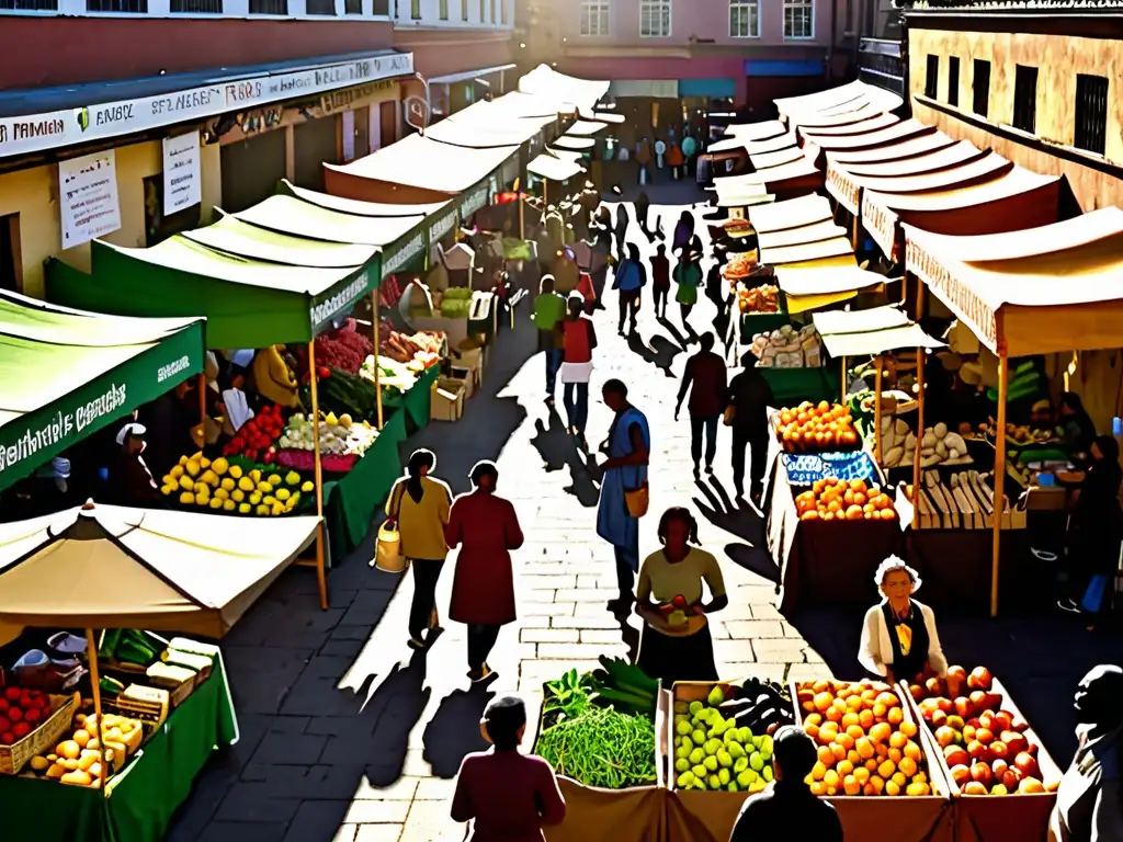 Un mercado bullicioso con vendedores ofreciendo productos orgánicos vibrantes en un ambiente de comercio justo