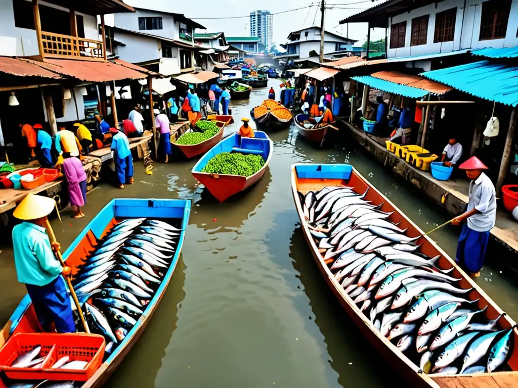 Mercado pesquero en Asia con actividad vibrante y coloridos barcos descargando pescado, mostrando la industria pesquera