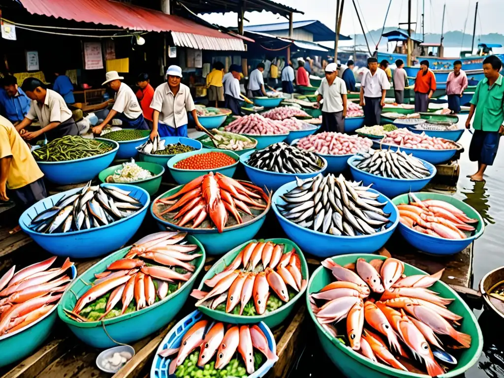 Mercado pesquero asiático con pescadores descargando mariscos frescos y coloridos de sus botes