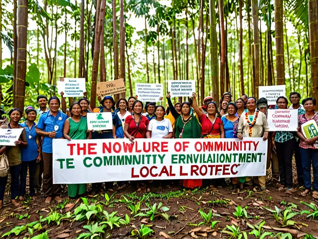 Miembros de comunidad indígena y activistas ambientales unidos en bosque biodiverso, abogando por la planificación territorial comunidades locales