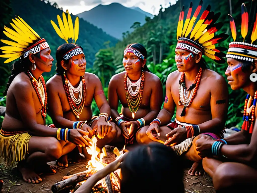 Miembros de comunidad indígena en ceremonia alrededor del fuego, resaltando su rica tradición y conexión con la naturaleza