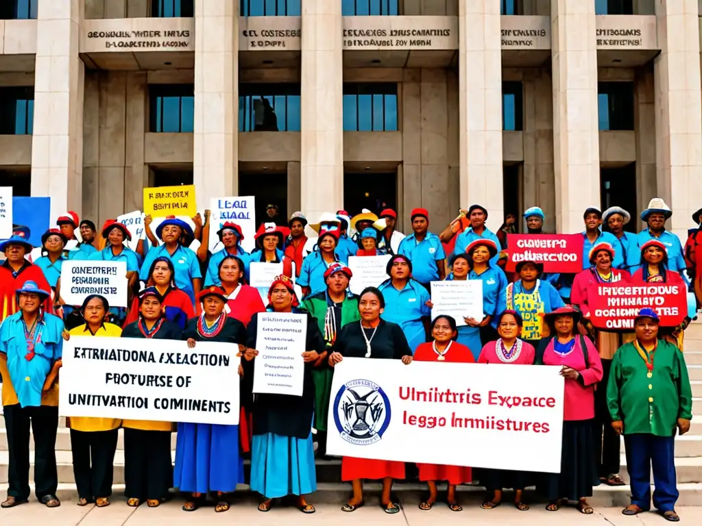 Miembros de comunidad indígena frente a juzgado, con carteles y ropa tradicional, luchando con determinación contra el extractivismo