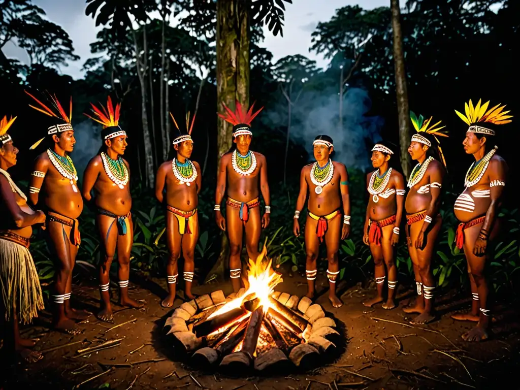 Miembros de comunidad indígena alrededor del fuego en la Amazonía, conectados a la tierra y la preservación de tierras indígenas derecho ambiental