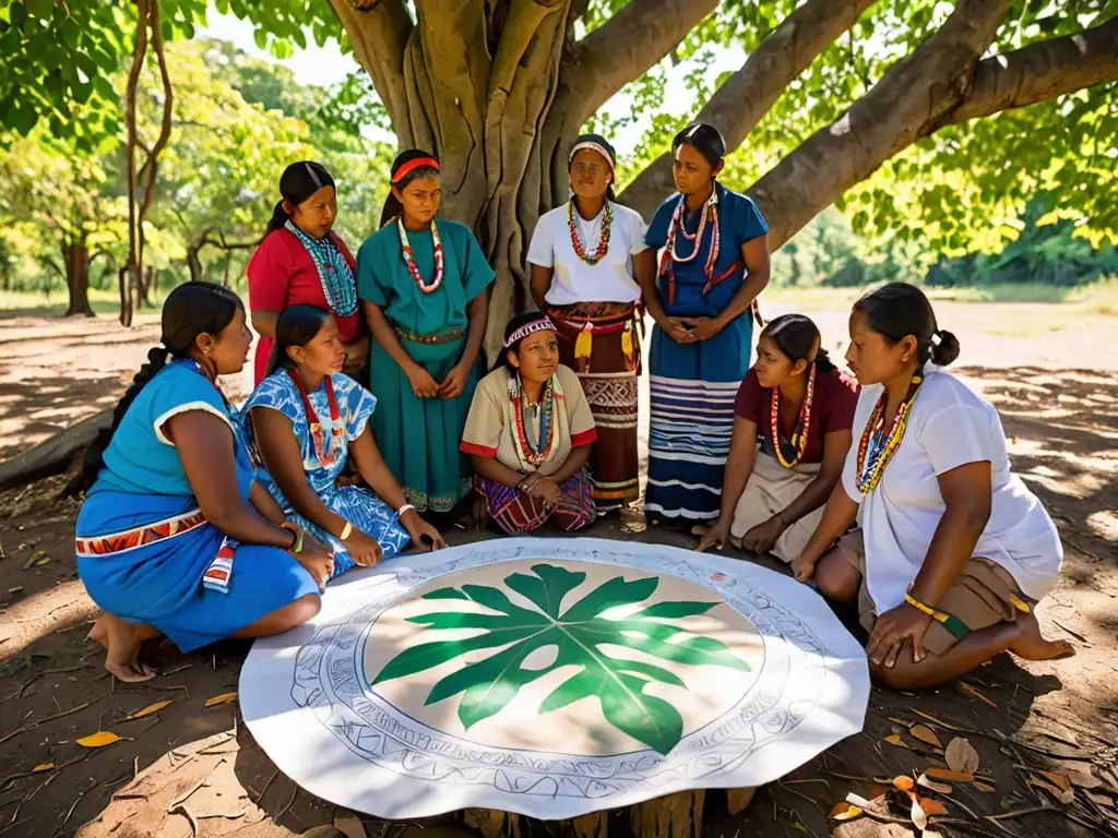 Miembros de comunidad indígena realizan mapeo participativo bajo un árbol